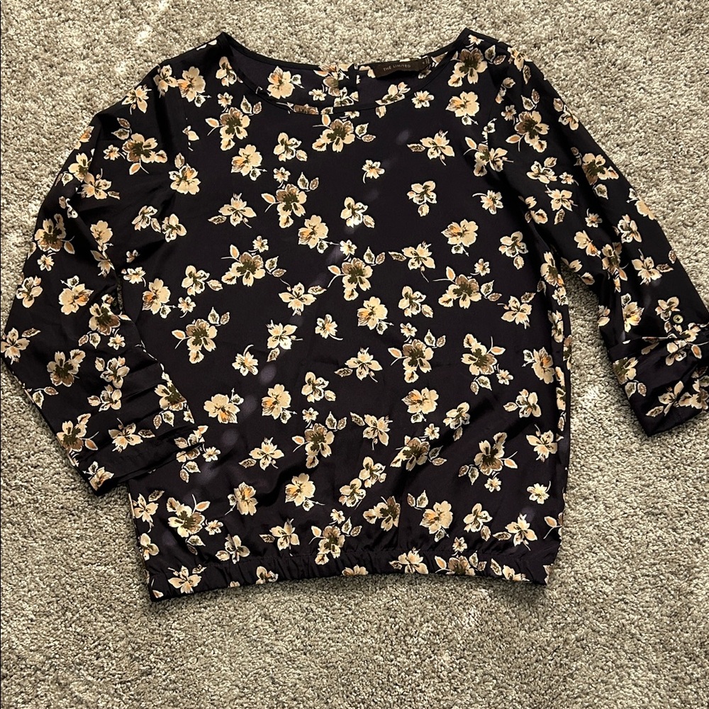 The Limited Navy Blue Floral Blouse with Cream Accents